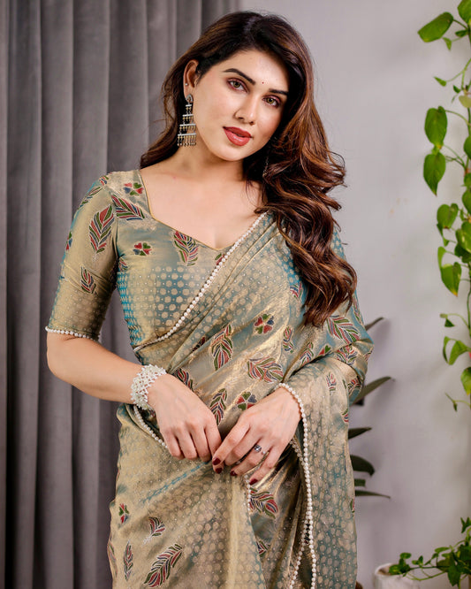 Pastel Green Fendy Chiffon Saree with Foil & Block Prints, Pearl Lace & Tassel Edges