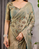 Mustard Yellow Fendy Chiffon Saree with Foil & Block Print, Tassels, and Attached Blouse
