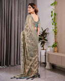 Pastel Green Fendy Chiffon Saree with Foil & Block Prints, Pearl Lace & Tassel Edges