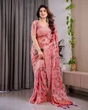 Blush Pink Fendy Chiffon Saree with Foil & Block Prints, Pearl Lace Border & Tassels