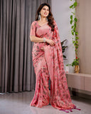 Blush Pink Fendy Chiffon Saree with Foil & Block Prints, Pearl Lace Border & Tassels