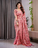 Blush Pink Fendy Chiffon Saree with Foil & Block Prints, Pearl Lace Border & Tassels