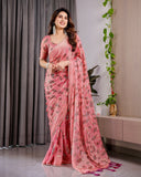 Blush Pink Fendy Chiffon Saree with Foil & Block Prints, Pearl Lace Border & Tassels