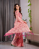 Blush Pink Fendy Chiffon Saree with Foil & Block Prints, Pearl Lace Border & Tassels