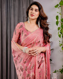 Blush Pink Fendy Chiffon Saree with Foil & Block Prints, Pearl Lace Border & Tassels