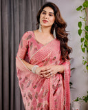 Blush Pink Fendy Chiffon Saree with Foil & Block Prints, Pearl Lace Border & Tassels