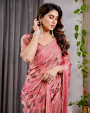 Blush Pink Fendy Chiffon Saree with Foil & Block Prints, Pearl Lace Border & Tassels