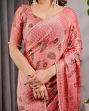 Mustard Yellow Fendy Chiffon Saree with Foil & Block Print, Tassels, and Attached Blouse