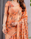 Sunset Orange Fendy Chiffon Saree with Foil & Block Print, Tassel Detail & Pearl Border