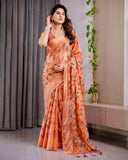 Sunset Orange Fendy Chiffon Saree with Foil & Block Print, Tassel Detail & Pearl Border