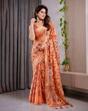 Sunset Orange Fendy Chiffon Saree with Foil & Block Print, Tassel Detail & Pearl Border