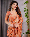Sunset Orange Fendy Chiffon Saree with Foil & Block Print, Tassel Detail & Pearl Border