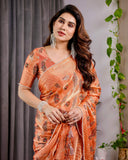 Sunset Orange Fendy Chiffon Saree with Foil & Block Print, Tassel Detail & Pearl Border