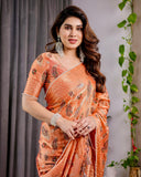 Sunset Orange Fendy Chiffon Saree with Foil & Block Print, Tassel Detail & Pearl Border