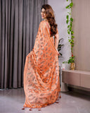 Sunset Orange Fendy Chiffon Saree with Foil & Block Print, Tassel Detail & Pearl Border
