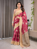 Blush Pink & Beige Cotton Linen Saree with Woven Lotus Motifs & Golden Zari Border | With Blouse Piece