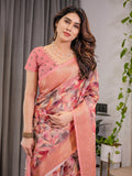 Peach Pink Cotton Linen Saree with Zari Border & Tribal Pallu | Floral Print | With Blouse