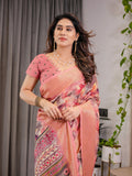 Peach Pink Cotton Linen Saree with Zari Border & Tribal Pallu | Floral Print | With Blouse