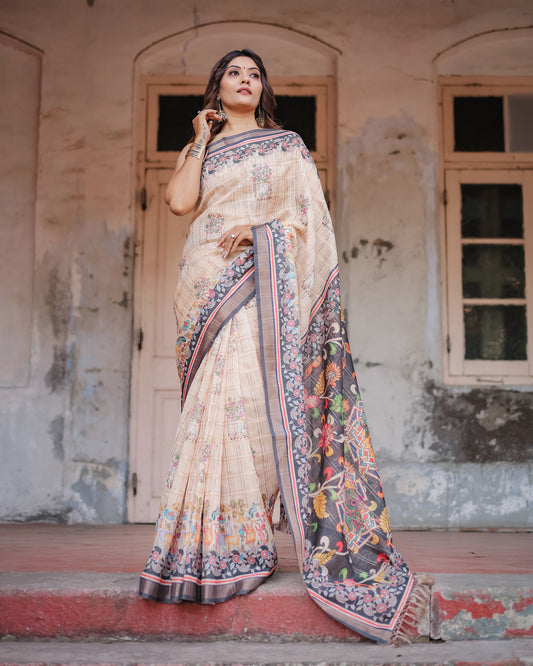 Designer Beige Saree with Contrast Black Pallu & Exquisite Ethnic Patterns