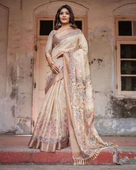 Luxurious Off-White Silk Saree with Gold Accents & Artistic Detailing – Timeless Fashion