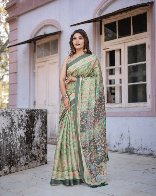 Graceful Green & Beige Saree with Exquisite Floral Prints – Perfect for Weddings & Festive Wear