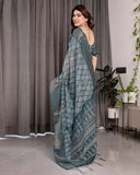Teal Blue Pure Handloom Linen Saree with Ethnic Mandala Prints & Zari Border | Rich Pallu with Tassels | 5.5m Saree + 0.8m Blouse