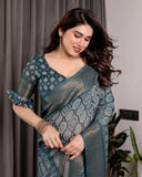 Teal Blue Pure Handloom Linen Saree with Ethnic Mandala Prints & Zari Border | Rich Pallu with Tassels | 5.5m Saree + 0.8m Blouse