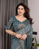 Teal Blue Pure Handloom Linen Saree with Ethnic Mandala Prints & Zari Border | Rich Pallu with Tassels | 5.5m Saree + 0.8m Blouse