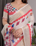 Off-White Handloom Linen Saree with Multicolor Checkered Pallu & Red-Gold Zari Border | Festive Tassel Finish | Attached Blouse | 5.5m Saree + 0.8m Blouse