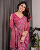 Rani Pink Pure Handloom Linen Saree with White Floral Print & Dual Zari Border | Elegant Tassel Finish | 5.5m Saree + 0.8m Blouse