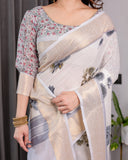White Handloom Linen Saree with Grey Rose Floral Print & Gold Zari Border | Striped Pallu & Tassel Detailing | Attached Blouse | 5.5m Saree + 0.8m Blouse