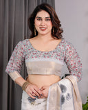 White Handloom Linen Saree with Grey Rose Floral Print & Gold Zari Border | Striped Pallu & Tassel Detailing | Attached Blouse | 5.5m Saree + 0.8m Blouse