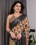 Beige Handloom Linen Saree with Red-Blue Floral Buttas & Ethnic Pallu | Antique Black Zari Border & Tassels | Attached Blouse | 5.5m Saree + 0.8m Blouse