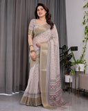 Crimson Pink & Teal Floral Handloom Linen Saree with Zari Border & Tassel Finish | 5.5m Saree + 0.8m Blouse