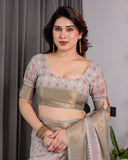 Crimson Pink & Teal Floral Handloom Linen Saree with Zari Border & Tassel Finish | 5.5m Saree + 0.8m Blouse