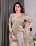 Crimson Pink & Teal Floral Handloom Linen Saree with Zari Border & Tassel Finish | 5.5m Saree + 0.8m Blouse