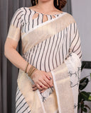Off-White Handloom Linen Saree with Black Vertical Stripes & Tribal Motifs | Golden Zari Border & Tassel Pallu | Attached Blouse | 5.5m Saree + 0.8m Blouse