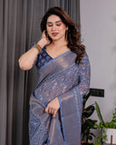 Dusty Blue Pure Handloom Linen Saree with All-Over Floral Vine Print & Zari Border | Geometric Pallu & Tassels | 5.5m Saree + 0.8m Blouse
