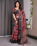 Black & Rust Red Handloom Linen Saree with Heart Floral Print & Striped Ethnic Pallu | Antique Zari Border & Tassel Detailing | Attached Blouse | 5.5m Saree + 0.8m Blouse
