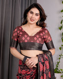 Black & Rust Red Handloom Linen Saree with Heart Floral Print & Striped Ethnic Pallu | Antique Zari Border & Tassel Detailing | Attached Blouse | 5.5m Saree + 0.8m Blouse