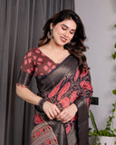 Black & Rust Red Handloom Linen Saree with Heart Floral Print & Striped Ethnic Pallu | Antique Zari Border & Tassel Detailing | Attached Blouse | 5.5m Saree + 0.8m Blouse