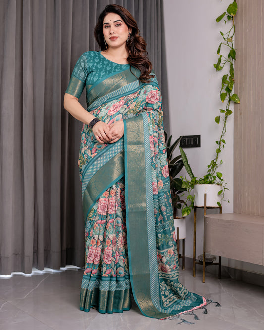 Teal Green Handloom Linen Saree with Multicolor Floral Printed Pallu & Zari Border | 5.5m Saree + 0.8m Blouse | Festive Tassel Finish
