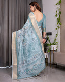 Pastel Aqua Blue Handloom Linen Saree with Peacock & Floral Digital Print, Zari Border & Tassel Pallu | 5.5m Saree + 0.8m Blouse