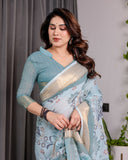 Pastel Aqua Blue Handloom Linen Saree with Peacock & Floral Digital Print, Zari Border & Tassel Pallu | 5.5m Saree + 0.8m Blouse