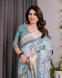 Pastel Aqua Blue Handloom Linen Saree with Peacock & Floral Digital Print, Zari Border & Tassel Pallu | 5.5m Saree + 0.8m Blouse