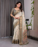 Elegant Cream & Gold Woven Ikat Silk Saree with Designer Border With Tassles