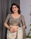 Elegant Cream & Gold Woven Ikat Silk Saree with Designer Border With Tassles