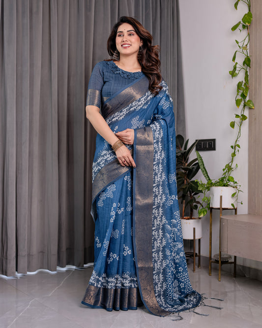 Indigo Blue Handloom Linen Saree with White Village & Tree Print Pallu | Zari Woven Border | 5.5m Saree + 0.8m Blouse | Elegant Pallu Tassels
