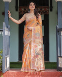 Sunny Mustard with Floral Motifs Linen Cotton Handloom Printed Saree, Delicate Borders, and Tassels