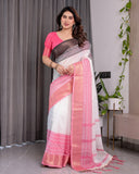 White & Charcoal Handloom Linen Saree with Pink Striped Pallu & Zari Woven Borders | 5.5m Saree + 0.8m Blouse | Elegant Tassel Finish